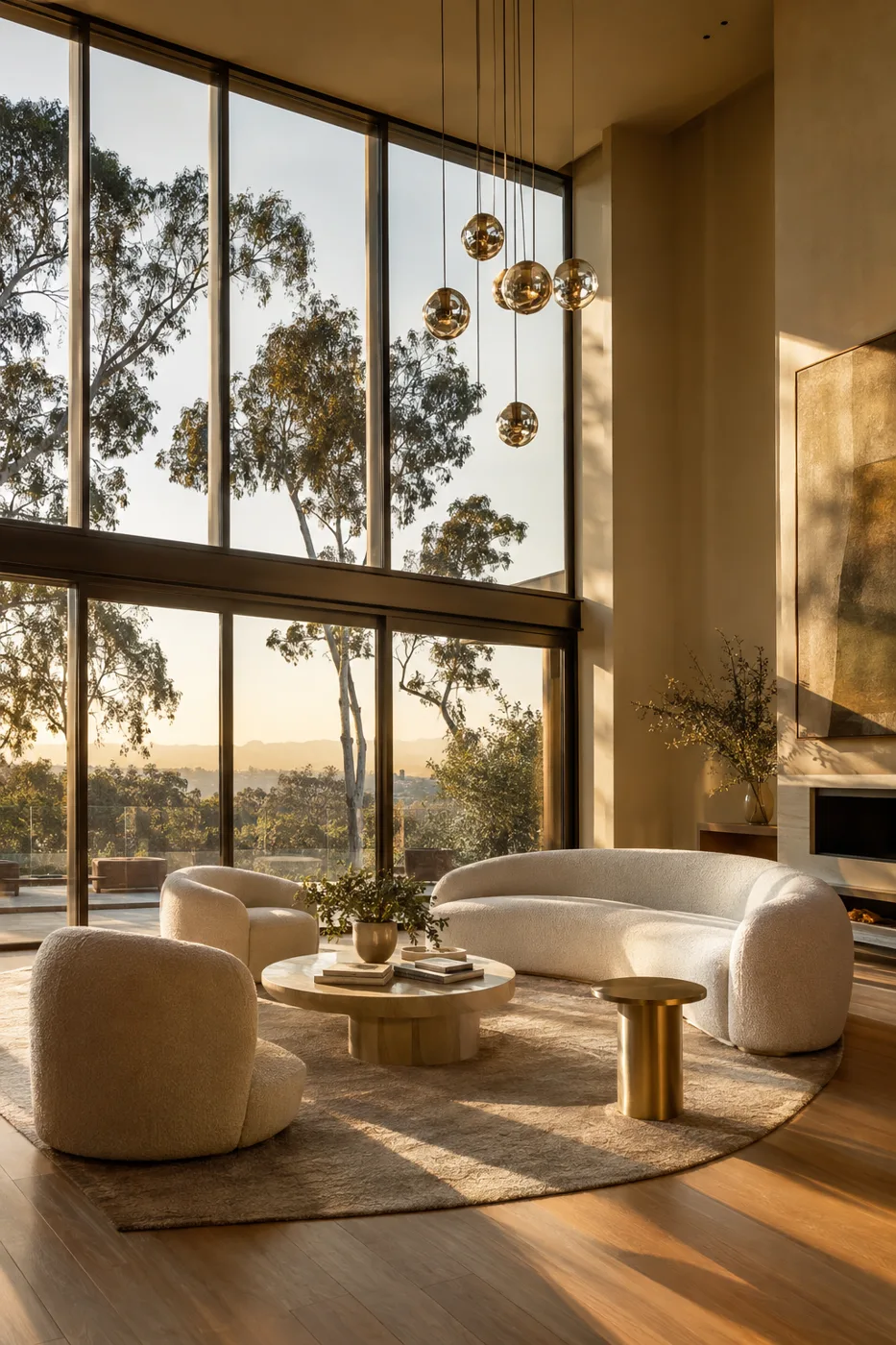 Sunlit double-height living room with oak floors and bouclé seating