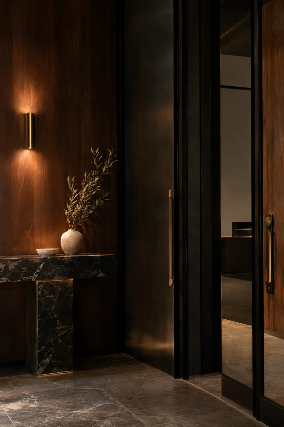 Walnut and blackened steel entry vestibule with brass hardware